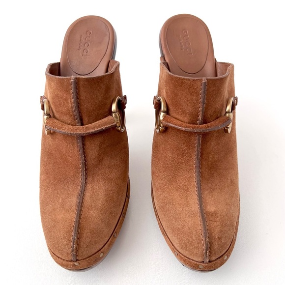 GUCCI | Brown Suede Horsebit Nailhead High Heel Wood Mule Clogs Platform US 8.5 - Picture 2 of 16